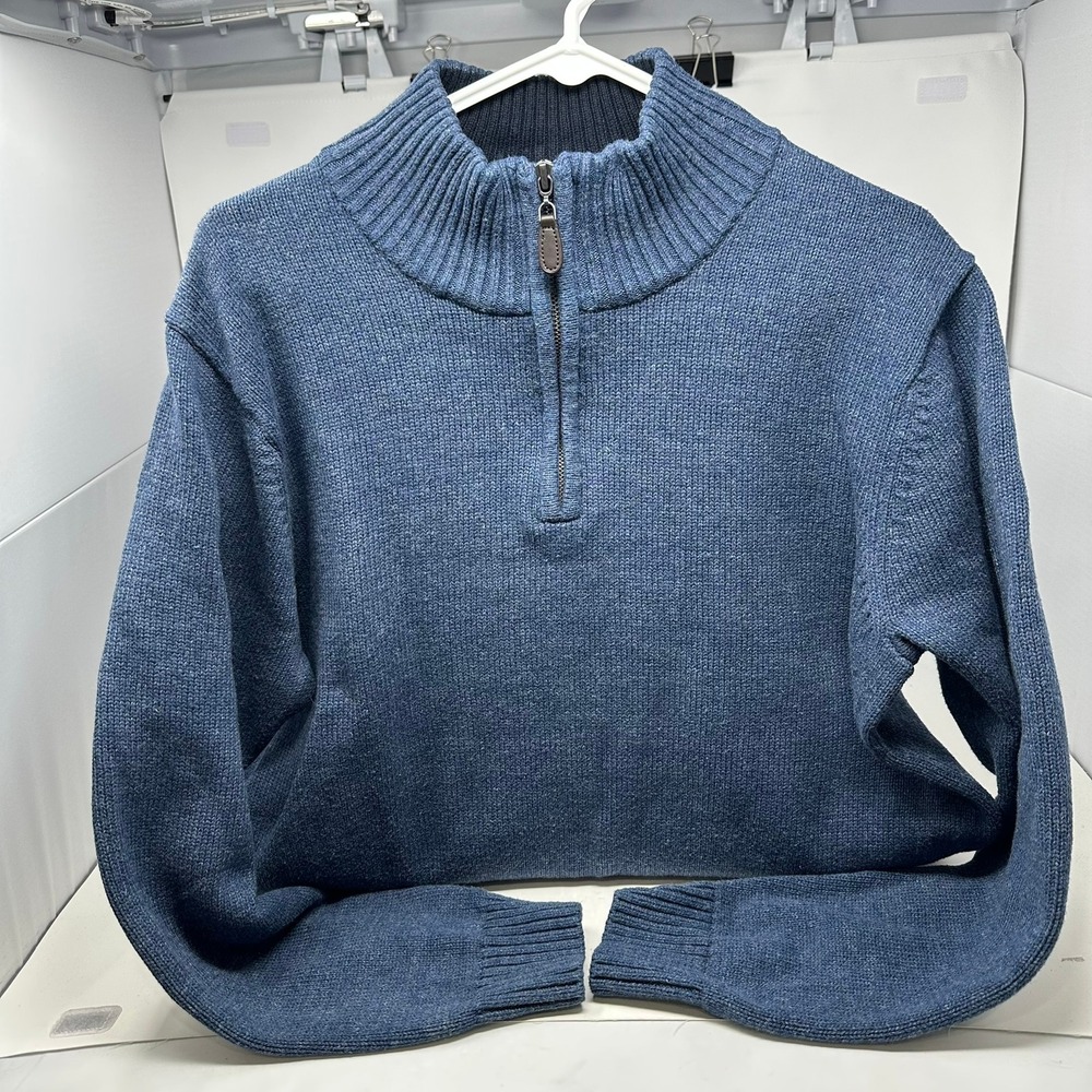 LL Bean Sweater Mens L Blue 1/4 Zip Mock Neck Cotton Pullover 287736